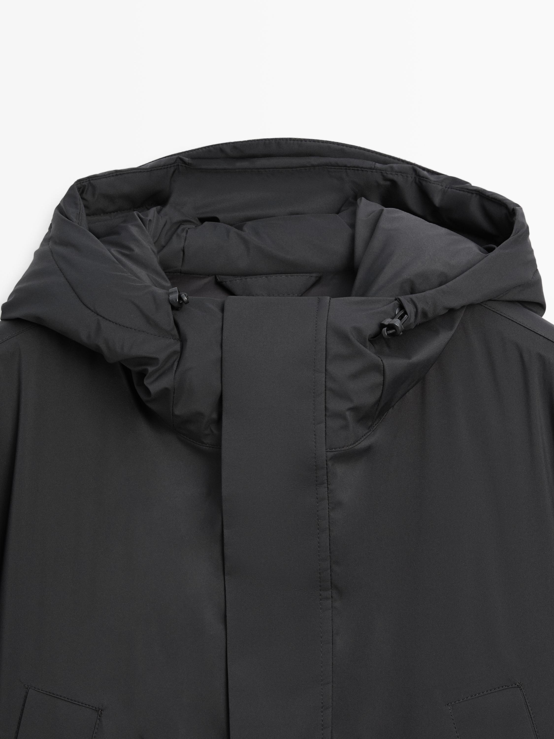 Long water-repellent down blend hooded parka